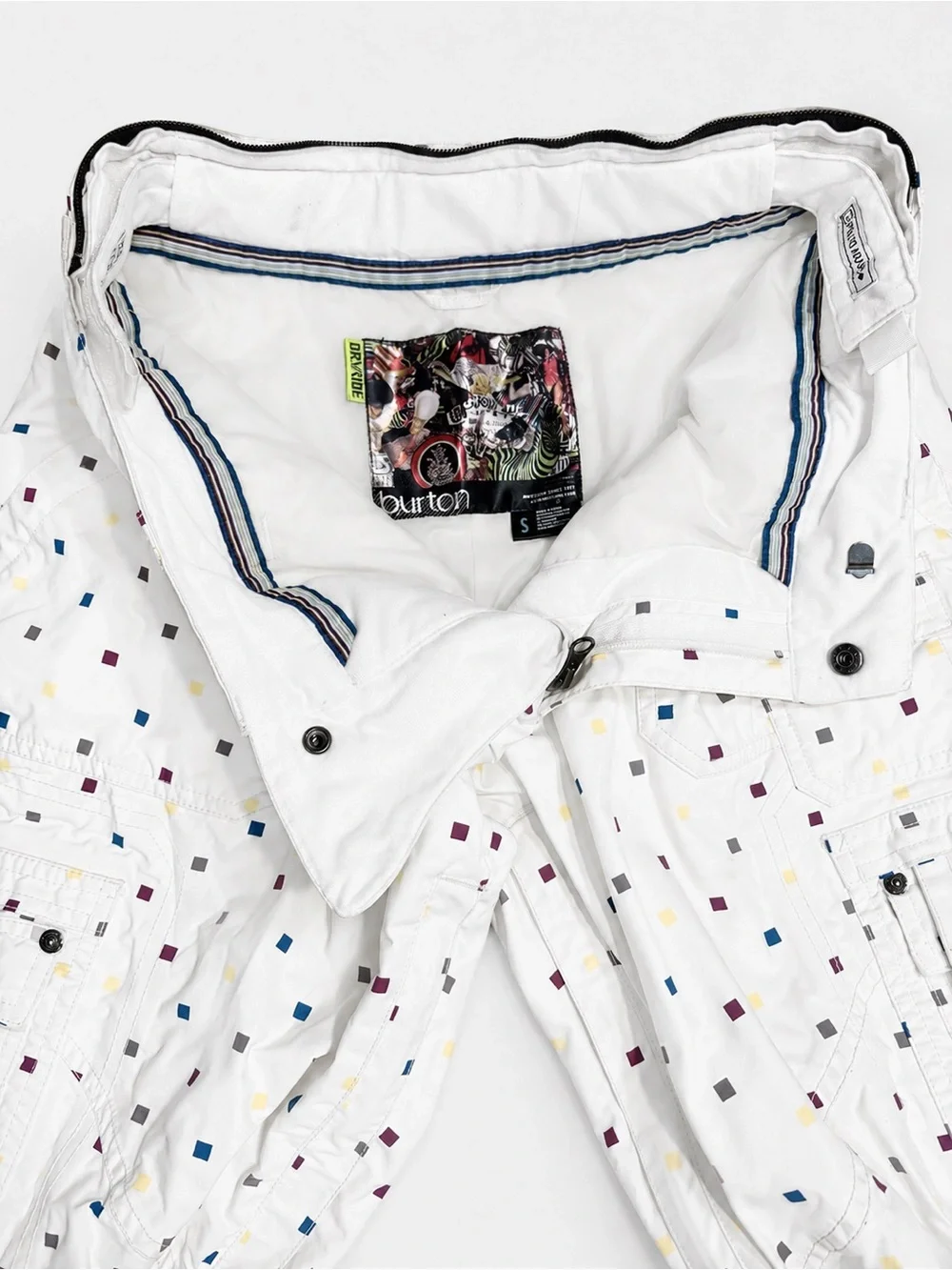 Burton Lucky Pant snowboard pants in a white and multi-color polka square small